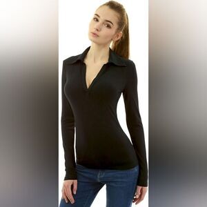 AmélieBoutik Women Collar V Neck Long Sleeve Polo Shirt Black M,XL